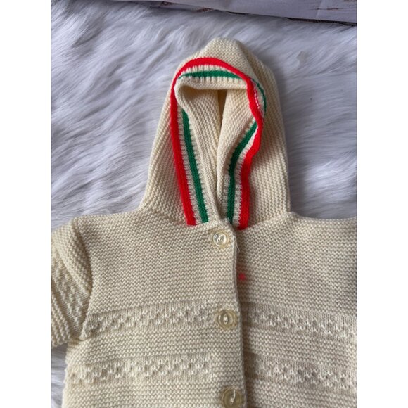 Vintage Baby Hooded Sweater Size 12 Mo. Cream Knit 100% Acrylic Fiber Made In U. - Picture 4 of 11
